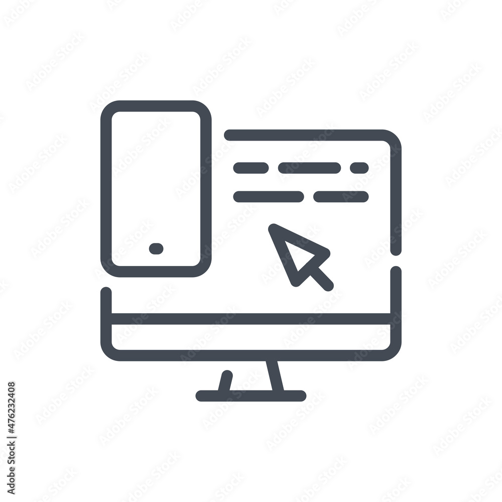 Computer connection to mobile phone line icon. Mobile application and computer coding with click arrow vector outline sign. Computer connection to mobile phone line icon. Mobile application and computer coding with click arrow vector outline sign.