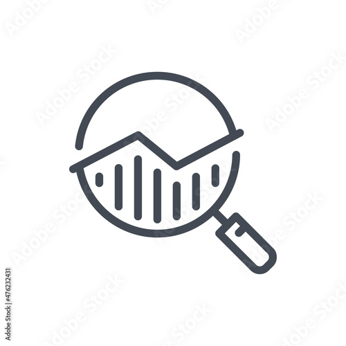 Analytics search line icon. Magnifier glass with statistics chart vector outline sign.