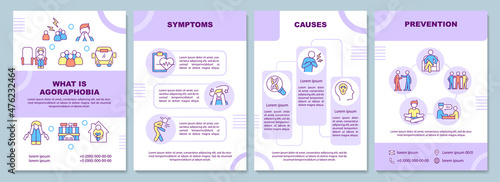 Agoraphobia disorder purple brochure template. Social anxiety. Booklet print design with linear icons. Vector layouts for presentation, annual reports, ads. Arial-Black, Myriad Pro-Regular fonts used