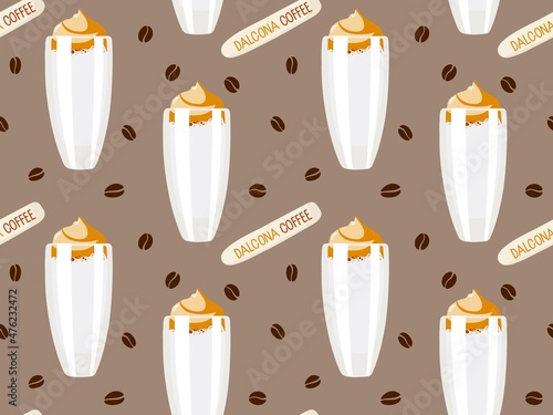 Dalgona coffee seamless pattern. Glass with creamy drink. Foamy whipped coffee with milk. Repeated background for wallpaper, wrapping, packing bar, restaurant menu, party decor, beverage template