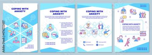 Coping with anxiety blue brochure template. Health mindset. Booklet print design with linear icons. Vector layouts for presentation, annual reports, ads. Arial-Black, Myriad Pro-Regular fonts used