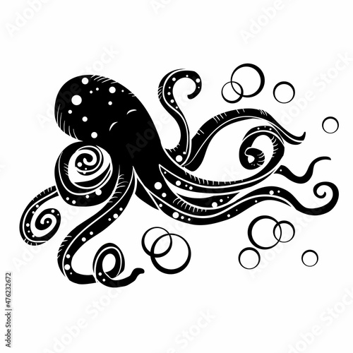 logo, big octopus in black, isolated object on white background, vector illustration,