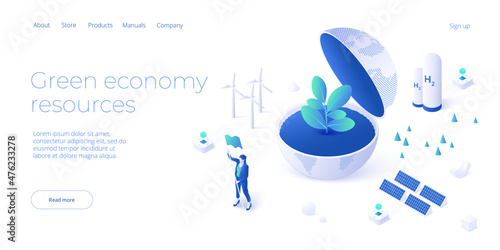 Green economy and renewable energy concept in isometric vector illustration. Solar electric panels and wind turbines. Sustainable power plants for clean earth environment