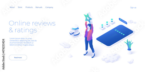 5 star positive feedback in social media. Customer survey as marketing service. Modern isometric vector illustration design. Web banner layout template for website