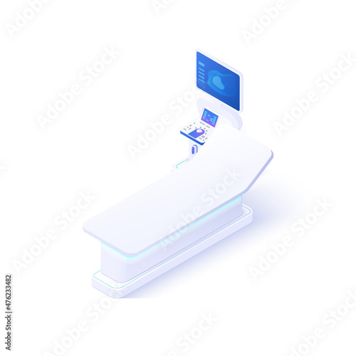 Radiology imaging scan concept in isometric vector design. Pregnancy ultrasound screening. Medical sonogram isolated on white background. Web banner layout template