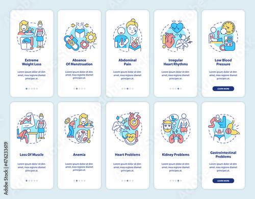 Anorexia and bulimia onboarding mobile app screen set. Underweight issues walkthrough 5 steps graphic instructions pages with linear concepts. UI, UX, GUI template. Myriad Pro-Bold, Regular fonts used