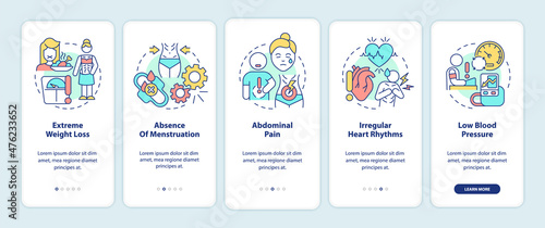 Anorexia symptoms onboarding mobile app screen. Extreme weight loss walkthrough 5 steps graphic instructions pages with linear concepts. UI, UX, GUI template. Myriad Pro-Bold, Regular fonts used