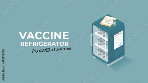 Medical vaccine refrigerator banner background. 3d isometric medical fridge with shelves full of covid-19 vaccine bottles, vaccination schedule and medical clipboard tablet. Laboratory equipment.