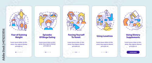 Bulimia symptoms onboarding mobile app screen. Fear of gaining weight walkthrough 5 steps graphic instructions pages with linear concepts. UI, UX, GUI template. Myriad Pro-Bold, Regular fonts used