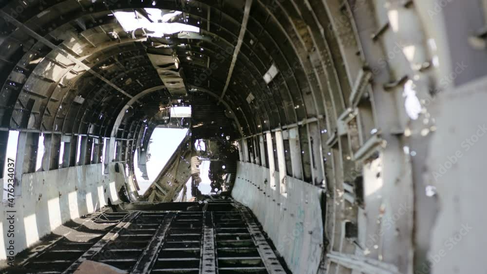View inside the crashed plane , abandoned plane on the black beach at Sólheimasandur View inside the crashed plane , abandoned plane on the black beach at Sólheimasandur