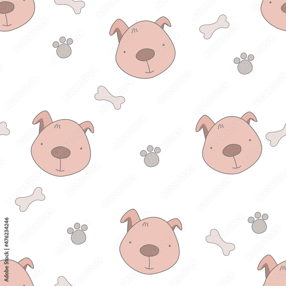 Vector seamless childish pattern with a сute baby dog, pet on a white background. Perfect for kids apparel,fabric, textile, nursery Vector seamless childish pattern with a сute baby dog, pet on a white background. Perfect for kids apparel,fabric, textile, nursery