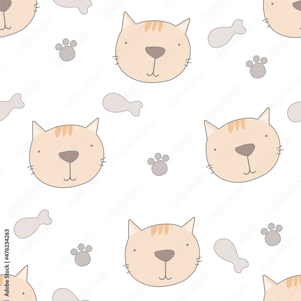 Fototapeta premium Vector seamless childish pattern with a сute baby cat on a white background. Perfect for kids apparel,fabric, textile, nursery
