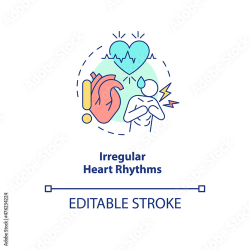 Irregular heart rhythms concept icon. Abnormal heartbeat. Arrhythmia abstract idea thin line illustration. Isolated outline drawing. Editable stroke. Roboto-Medium, Myriad Pro-Bold fonts used photo
