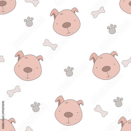 Fototapeta Naklejka Na Ścianę i Meble -  Vector seamless childish pattern with a сute baby dog, pet on a white background. Perfect for kids apparel,fabric, textile, nursery
