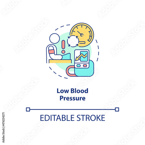 Low blood pressure concept icon. Circulatory system disease. Hypotension abstract idea thin line illustration. Isolated outline drawing. Editable stroke. Roboto-Medium, Myriad Pro-Bold fonts used