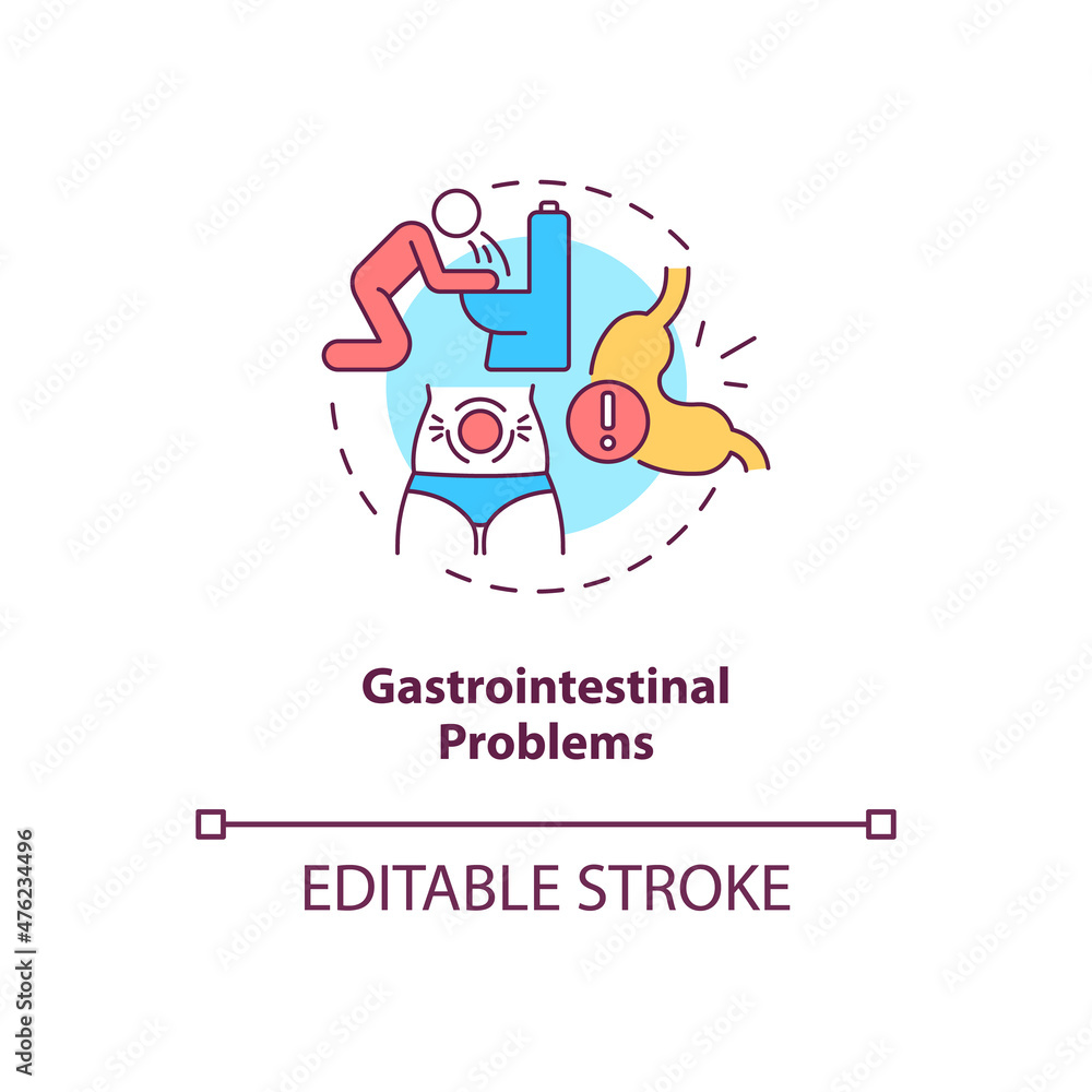 Gastrointestinal problems concept icon. Digestive system disease. Stomachache abstract idea thin line illustration. Isolated outline drawing. Editable stroke. Roboto-Medium, Myriad Pro-Bold fonts used