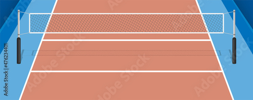 Volleyball court with net, parquet floor and markings lines. Volleyball playground top view. Sports ground for active recreation. Vector