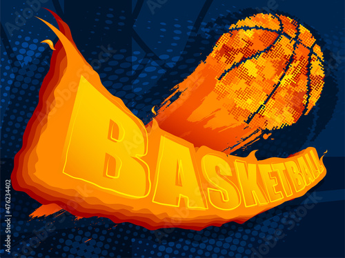 Fiery red hot sports ball for game flies over name and basketball backboard. Background sports competitions in street and in gym. Vector