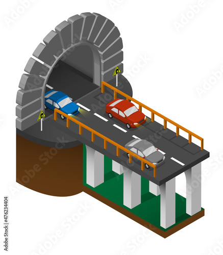 entrance to automobile tunnel with section of bridge and cars. Automobile bridge with arched tunnel in mountains. Vector