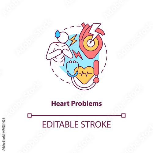 Heart problems concept icon. Cardiovascular system disease. Chest pain abstract idea thin line illustration. Isolated outline drawing. Editable stroke. Roboto-Medium, Myriad Pro-Bold fonts used