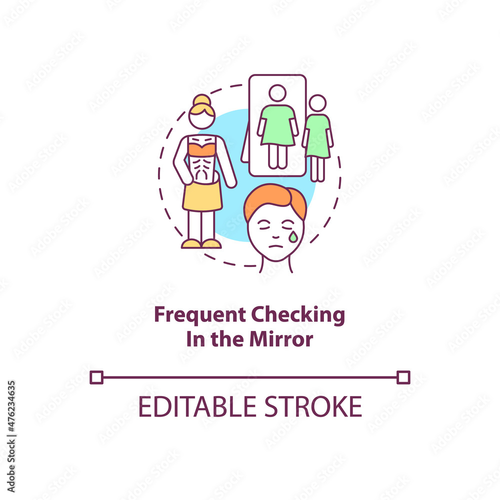 Frequent checking in the mirror concept icon. Body dysmorphic disorder abstract idea thin line illustration. Isolated outline drawing. Editable stroke. Roboto-Medium, Myriad Pro-Bold fonts used