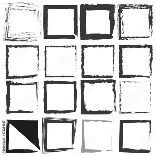 Black frames set. Square shaped old grungy border in paint brush stroke style. Vector collection ornament isolated on white background. EPS10