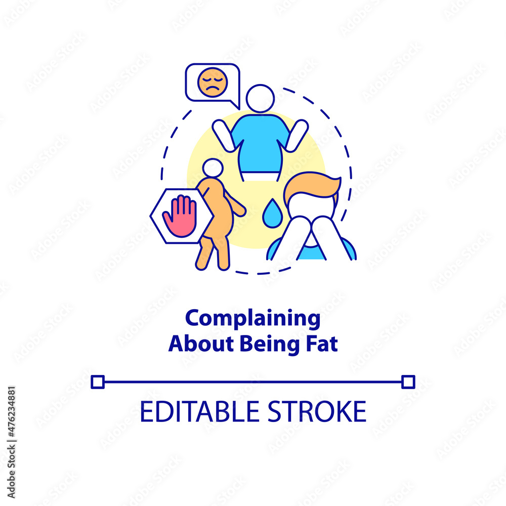 Complaining about being fat concept icon. Physical appearance dissatisfaction abstract idea thin line illustration. Isolated outline drawing. Editable stroke. Roboto-Medium, Myriad Pro-Bold fonts used
