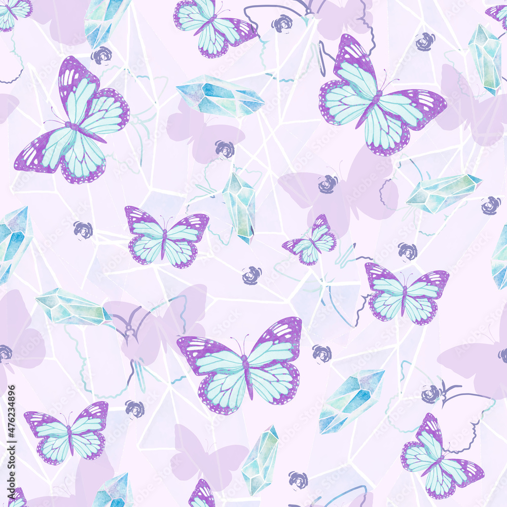 Beautiful seamless pattern with butterflies and crystals Beautiful seamless pattern with butterflies and crystals
