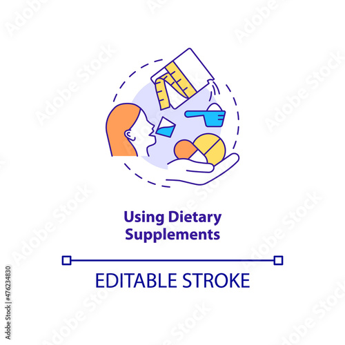 Using dietary supplements concept icon. Vitamin pill. Slimming food additive abstract idea thin line illustration. Isolated outline drawing. Editable stroke. Roboto-Medium, Myriad Pro-Bold fonts used