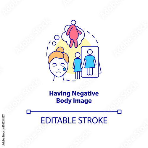 Having negative body image concept icon. Dissatisfaction. Low self-esteem abstract idea thin line illustration. Isolated outline drawing. Editable stroke. Roboto-Medium, Myriad Pro-Bold fonts used