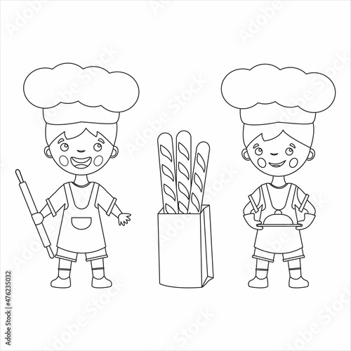 Coloring page cartoonish twist with dish, rolling pin and baguette. Little cooks in an apron and a chef's hat. Profession. Coloring book for children.