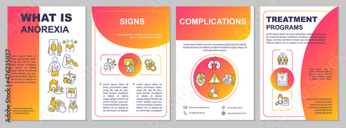 Anorexia red gradient brochure template. Health complications. Booklet print design with linear icons. Vector layouts for presentation, annual reports, ads. Arial, Myriad Pro-Regular fonts used