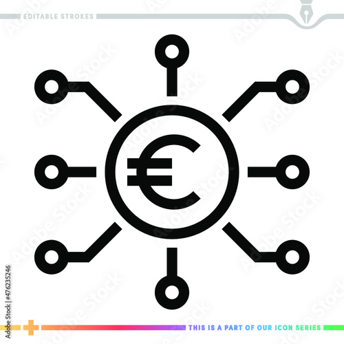 Line icon for the digital euro illustrations with editable strokes. This vector graphic has customizable stroke width.