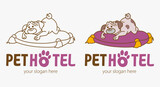 Funny dog lies on a pillow. Animal hotel funny logo design template. Hotel and Indoor Pets Run. The Animal Lodge sign.