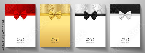 Holiday cover, frame design set. Luxury geometric pattern in gold, red, black, white color with bow butterfly (golden ribbon). Premium vector background for brochure template, certificate, invite, lux