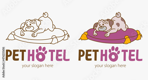 Funny dog lies on a pillow. Animal hotel funny logo design template. Hotel and Indoor Pets Run. The Animal Lodge sign.