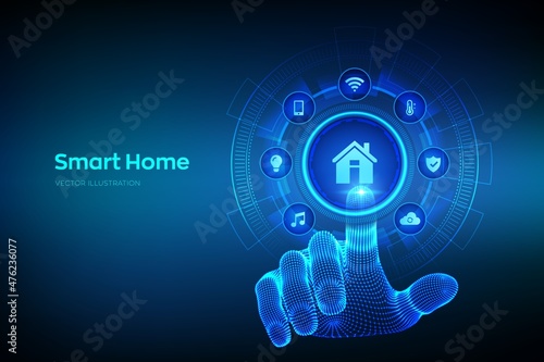 Smart home. Automation control system concept. Futuristic interface of smart home automation assistant on a virtual screen. Wireframe hand touching digital interface. Vector illustration.