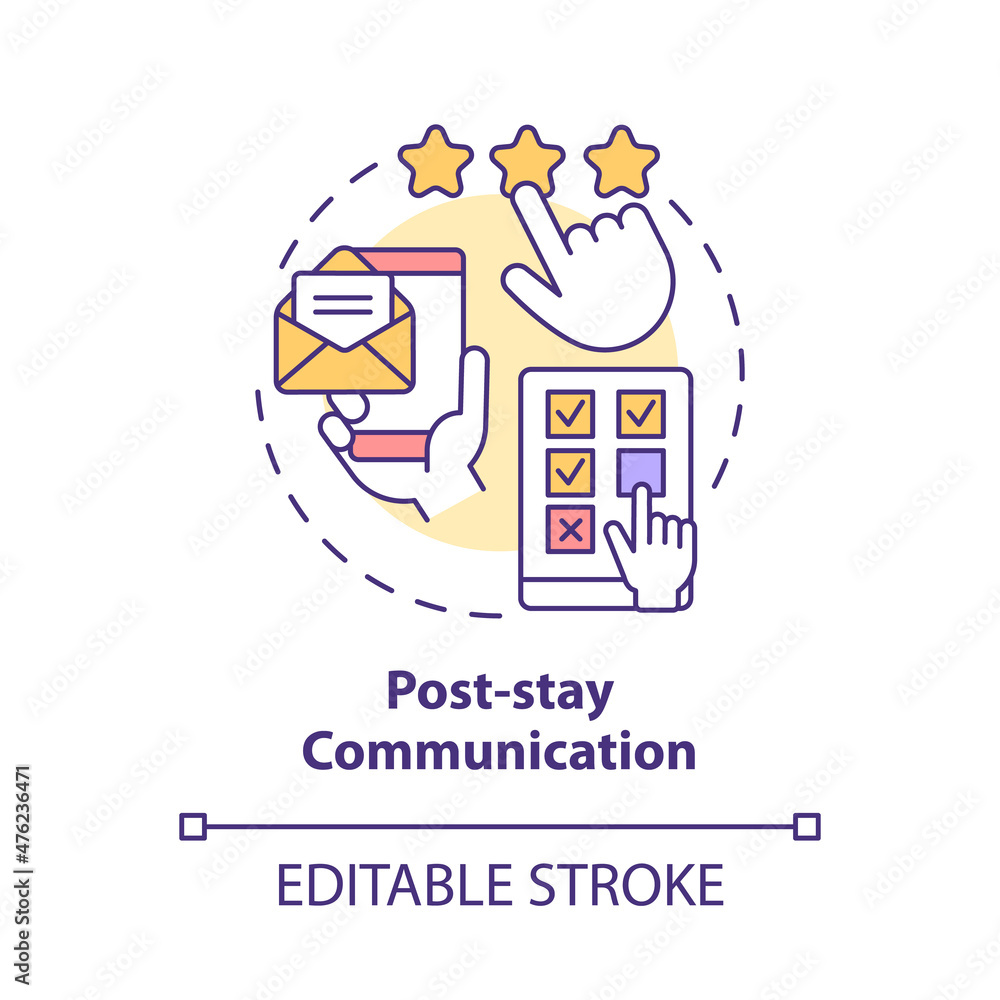 Post stay communication concept icon. Contact customer. Touchless system abstract idea thin line illustration. Isolated outline drawing. Editable stroke. Roboto-Medium, Myriad Pro-Bold fonts used