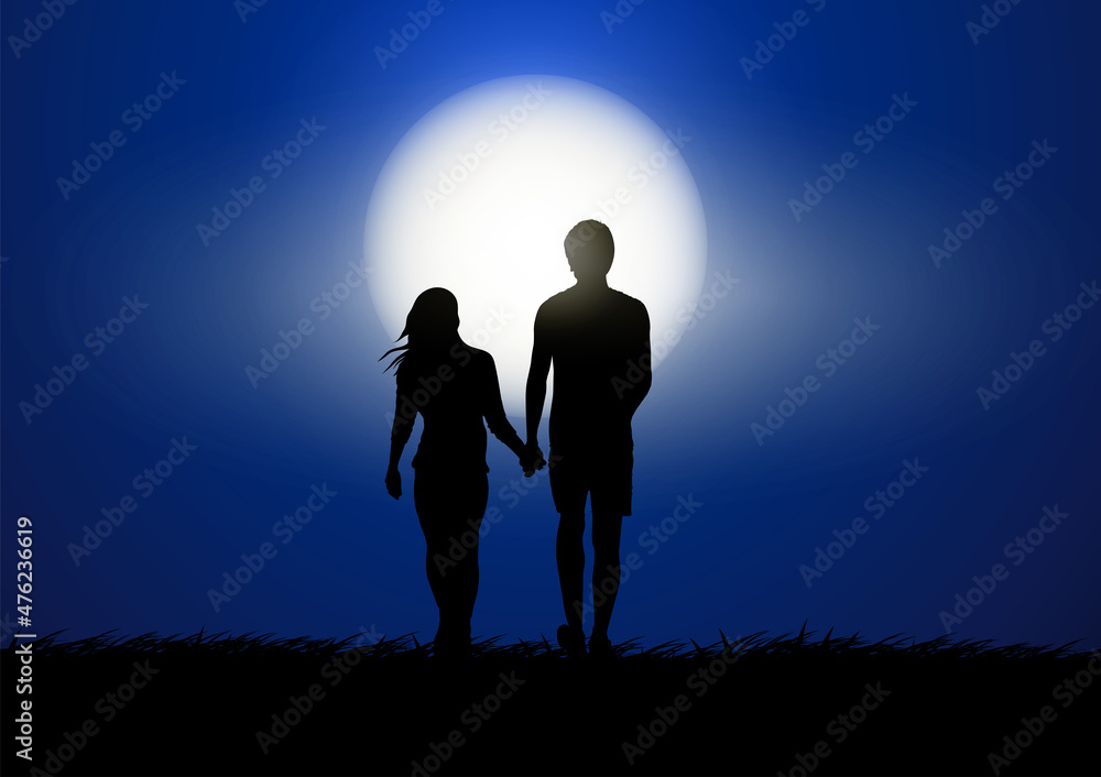 A couple man and women stand outdoor on the ground with Moon in sky at night time design vector illustration