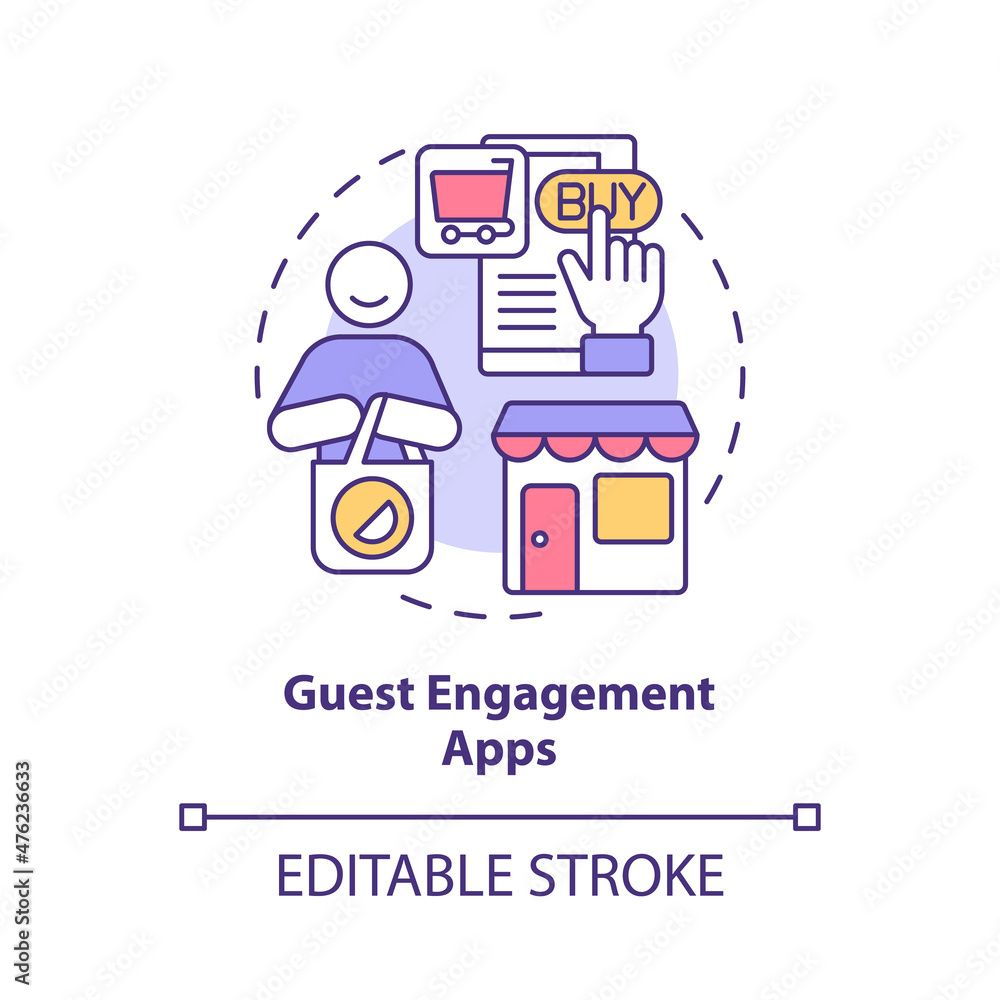 Guest engagement apps concept icon. Online review. Touchless system abstract idea thin line illustration. Isolated outline drawing. Editable stroke. Roboto-Medium, Myriad Pro-Bold fonts used