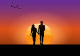 graphics drawing couple boy and girl stand to look the sunset with  light silhouette orange and blue of sky vector illustration concept romantic