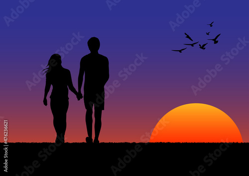 graphics drawing couple boy and girl stand to look the sunset with light silhouette orange and blue of sky vector illustration concept romantic