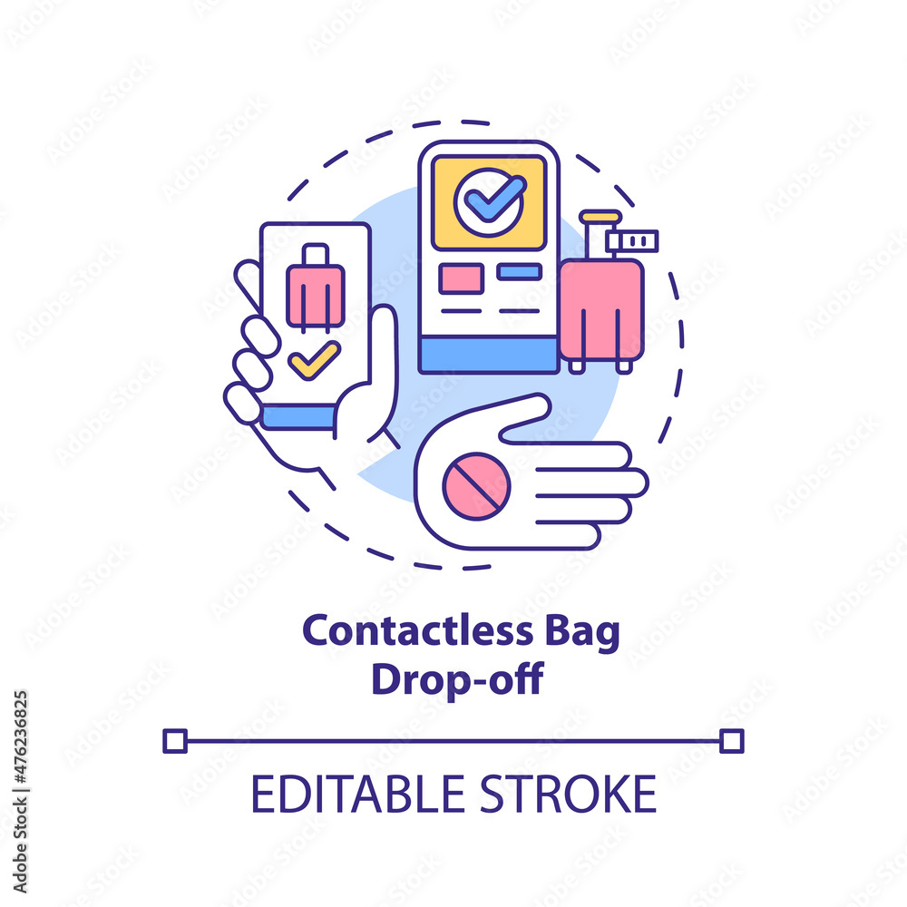 Contactless bag drop off concept icon. Safe service. Touchless system abstract idea thin line illustration. Isolated outline drawing. Editable stroke. Roboto-Medium, Myriad Pro-Bold fonts used