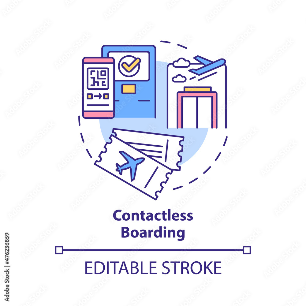 Obraz premium Contactless boarding concept icon. Book flight. Touchless system abstract idea thin line illustration. Isolated outline drawing. Editable stroke. Roboto-Medium, Myriad Pro-Bold fonts used