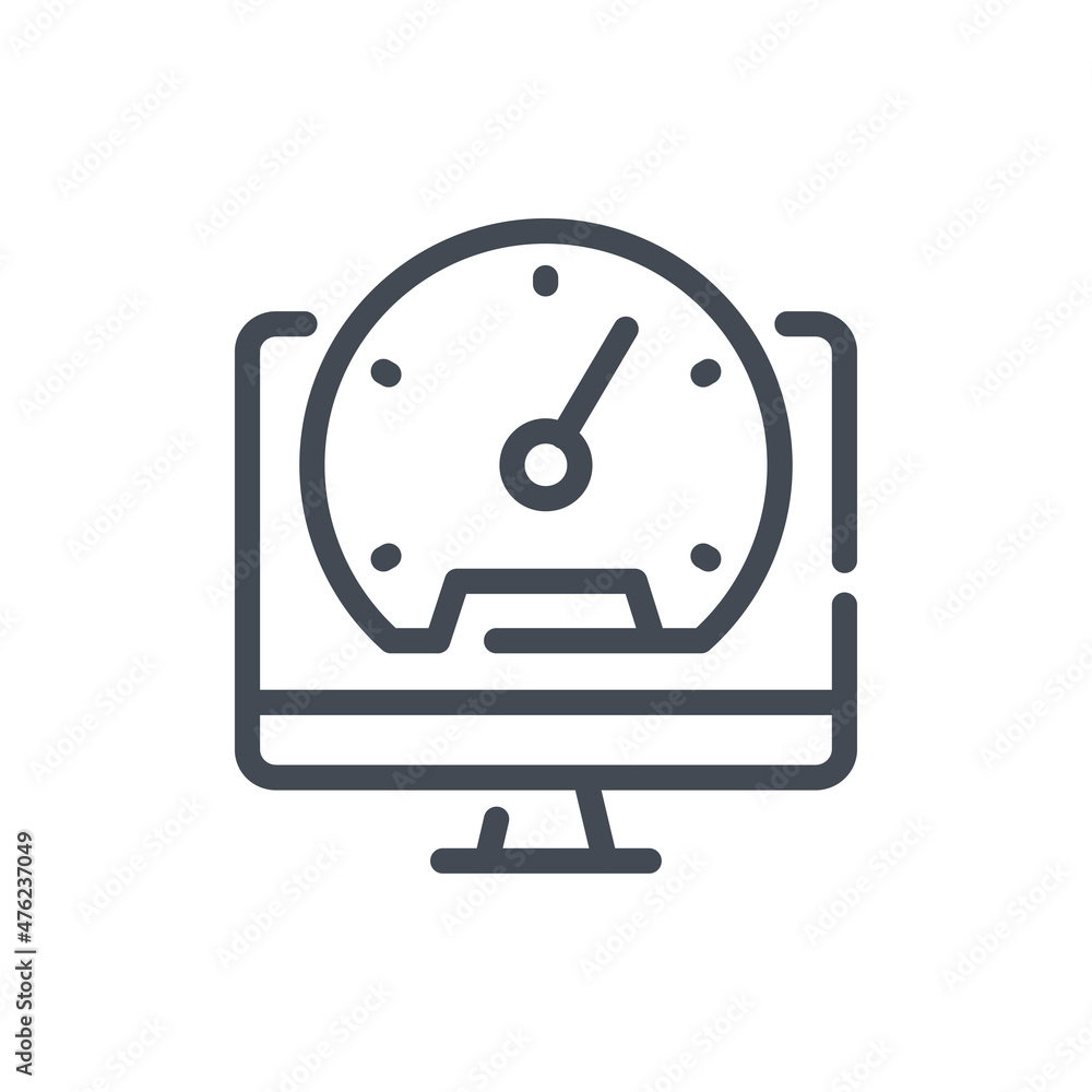 Computer performance line icon. PC with dashboard vector outline sign. Computer performance line icon. PC with dashboard vector outline sign.