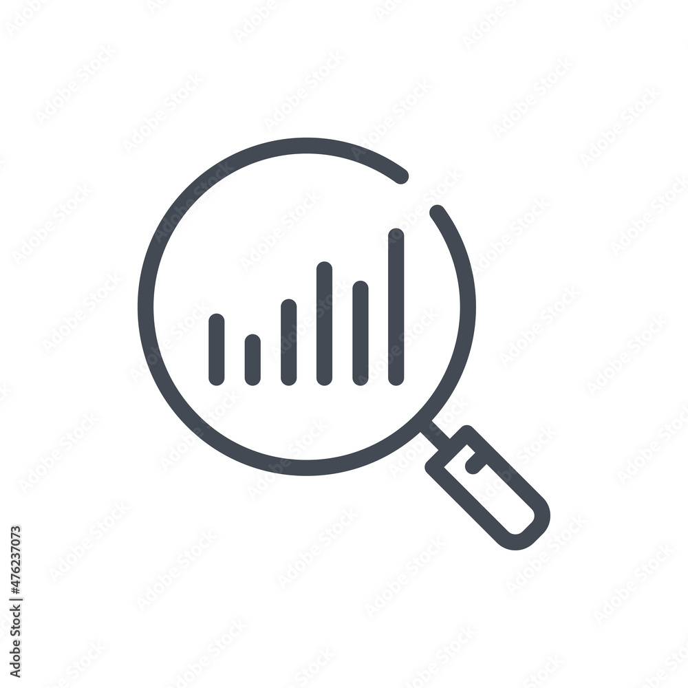 Magnifier glass with statistics chart line icon. Analytics search vector outline sign. Magnifier glass with statistics chart line icon. Analytics search vector outline sign.