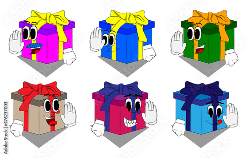Gift Box with showing deny or refuse hand gesture as a cartoon character. Holiday, Celebration surprise with happy face emotion.