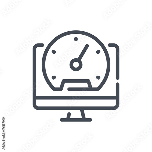 Computer performance line icon. PC with dashboard vector outline sign.