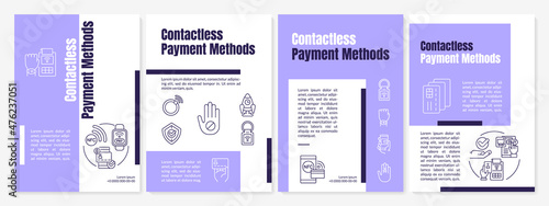 Contactless payment method purple brochure template. Booklet print design with linear icons. Vector layouts for presentation, annual reports, ads. Anton-Regular, Lato-Regular fonts used