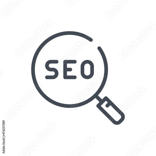 Magnifier glass with SEO line icon. SEO search vector outline sign.